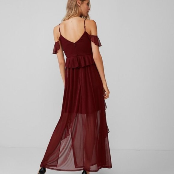 Express Cold Shoulder Ruffle Maxi Dress, Burgundy, S - Picture 2 of 7